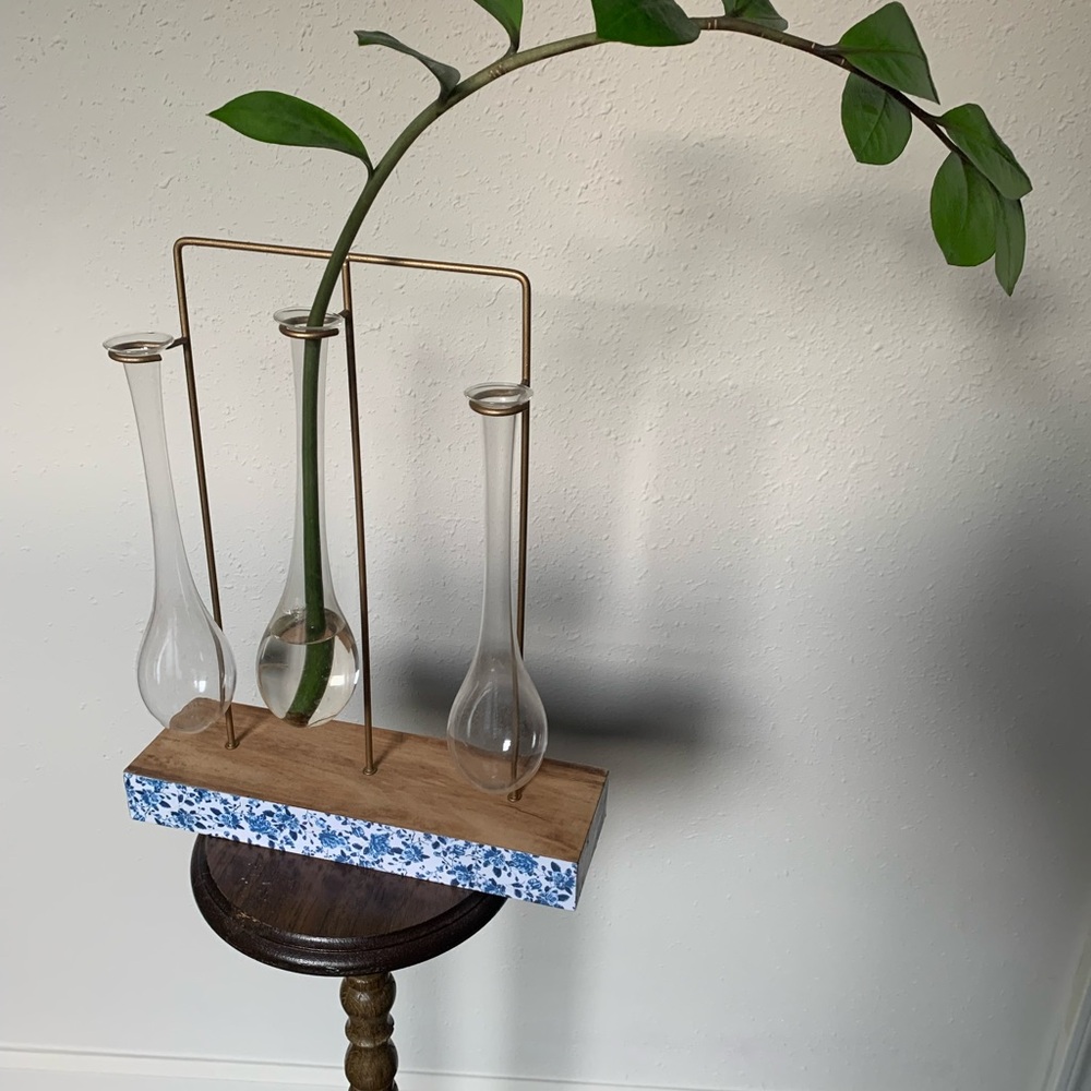 Glass Vase Trio with Wooden Stand
